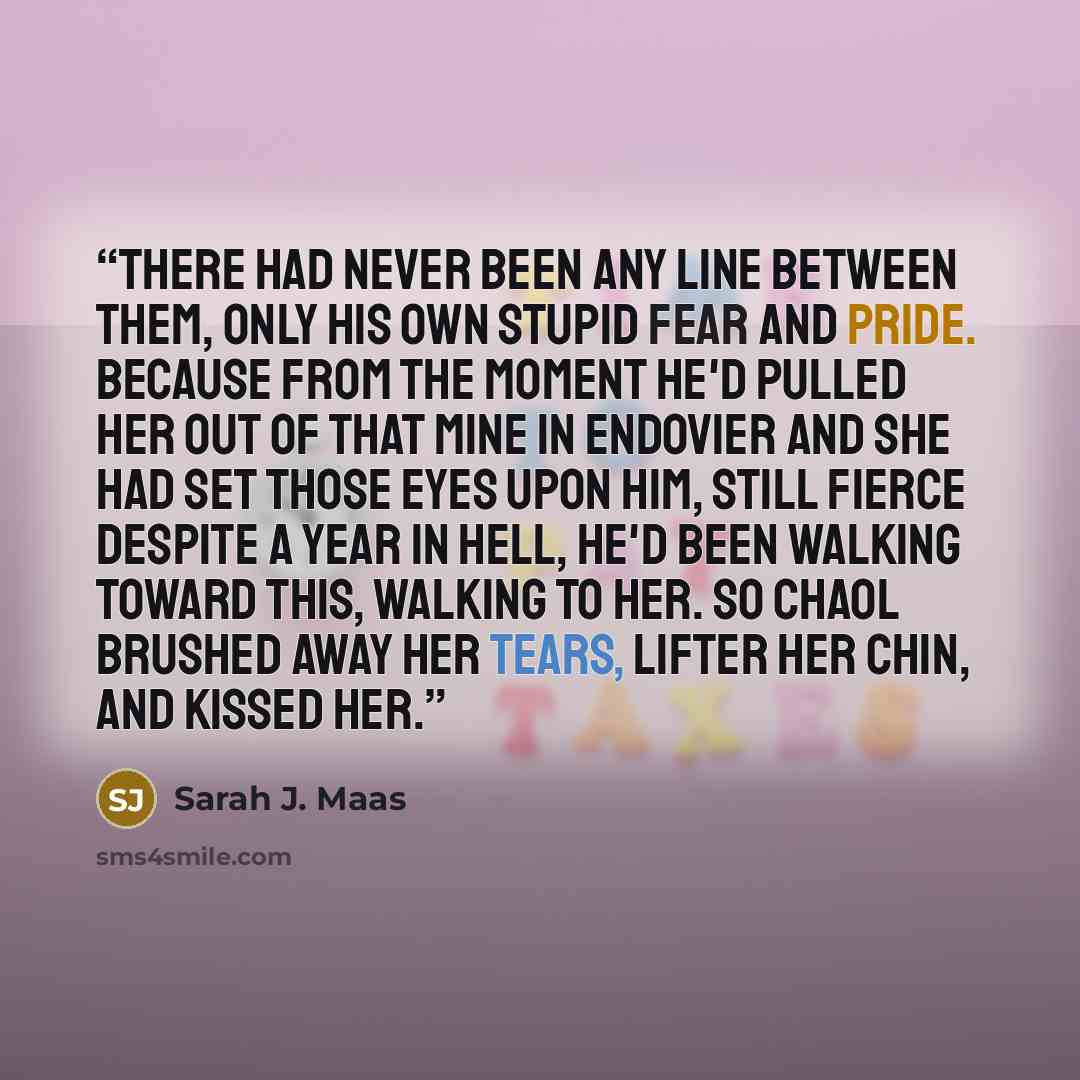 “There had never been any line between them, only his own stupid fear and pride. Because from the moment he'd pulled her out of that mine in Endovier and she had set those eyes upon him, still fierce despite a year in hell, he'd been walking toward this, walking to her. So Chaol brushed away her…” quote by Sarah J. Maas