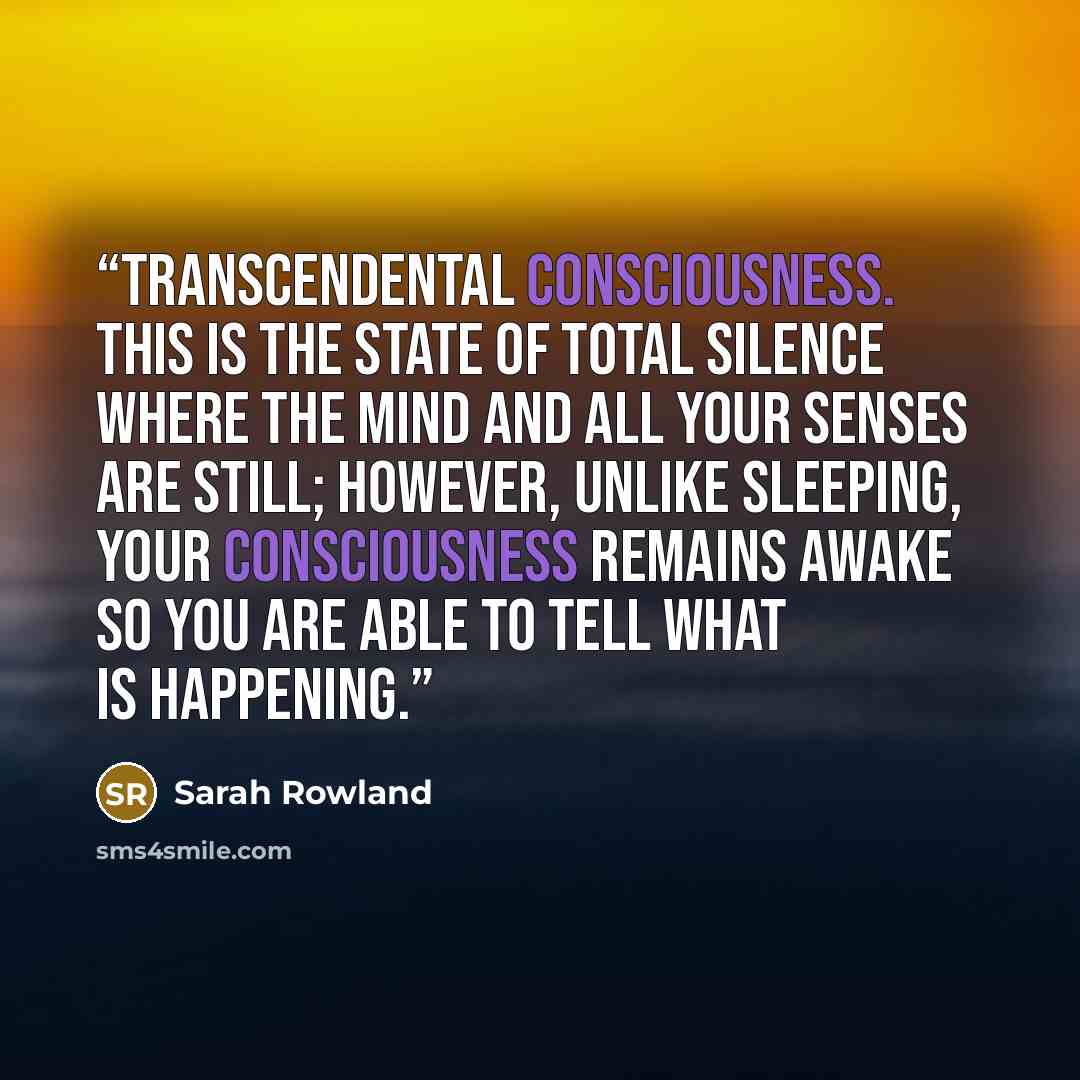 “transcendental consciousness. This is the state of total silence where the mind and all your senses are still; however, unlike sleeping, your consciousness remains awake so you are able to tell what is happening.” quote by Sarah Rowland