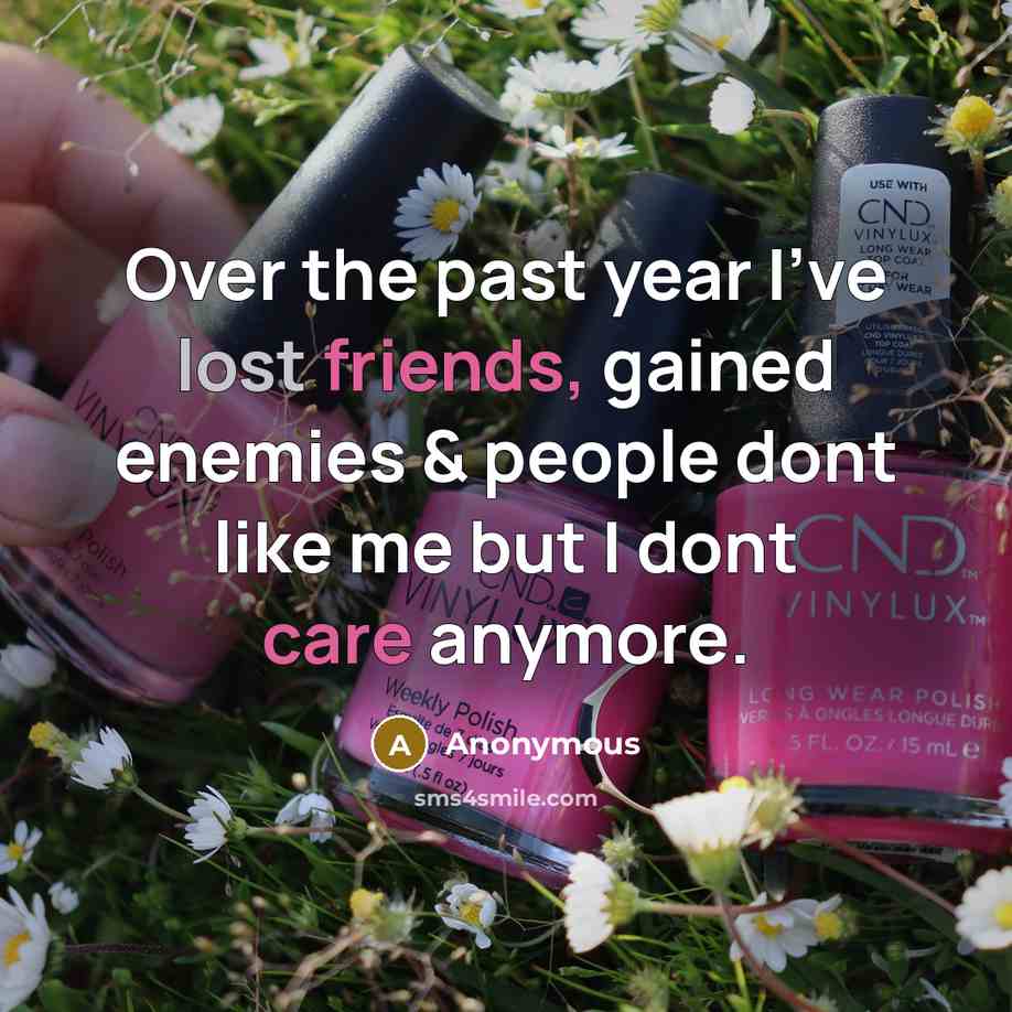 “Over the past year I've lost friends, gained enemies & people dont like me but I dont care anymore.” quote by Anonymous