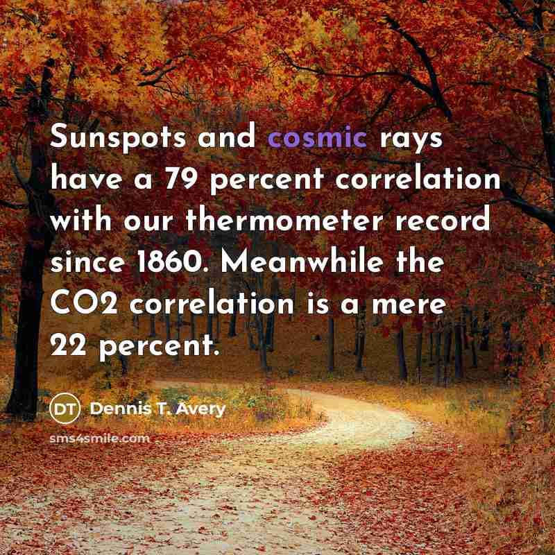 “Sunspots and cosmic rays have a 79 percent correlation with our thermometer record since 1860. Meanwhile the CO2 correlation is a mere 22 percent.” quote by Dennis T. Avery