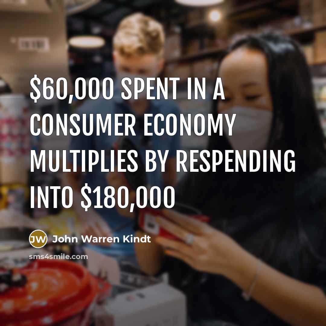 “$60,000 spent in a consumer economy multiplies by respending into…” quote by John Warren Kindt