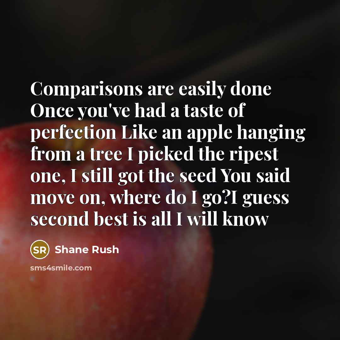 “Comparisons are easily done Once you've had a taste of perfection Like an apple hanging from a tree I picked the ripest one, I still got the seed You said move on, where do I go?I guess second best is all I will know” quote by Shane Rush