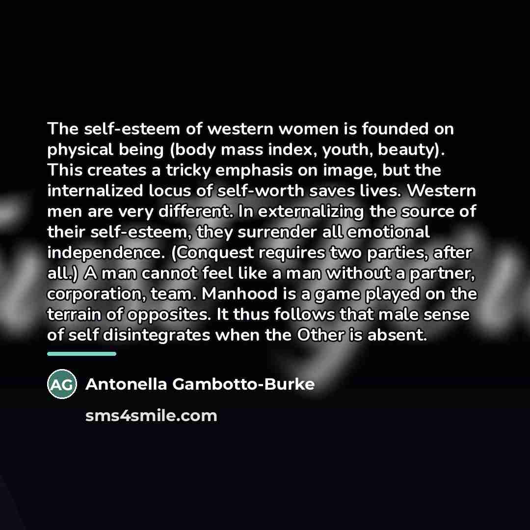 “The self-esteem of western women is founded on physical being…” quote by Antonella Gambotto-Burke