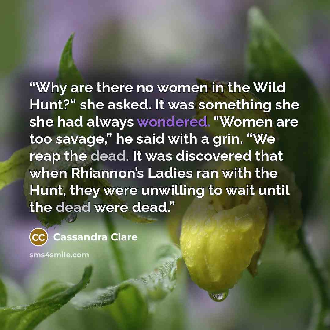 “Why are there no women in the Wild Hunt?“ she asked. It was something she she had always wondered. "Women are too savage,” he said with a grin. “We reap the dead. It was discovered that when Rhiannon’s Ladies ran with the Hunt, they were unwilling to wait until the dead were dead.” quote by Cassandra Clare