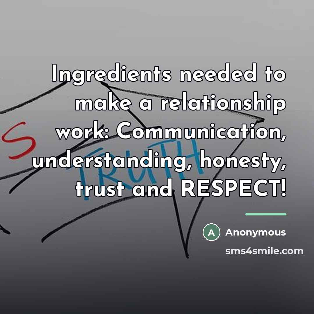 “Ingredients needed to make a relationship work: Communication, understanding, honesty,…” quote by Anonymous