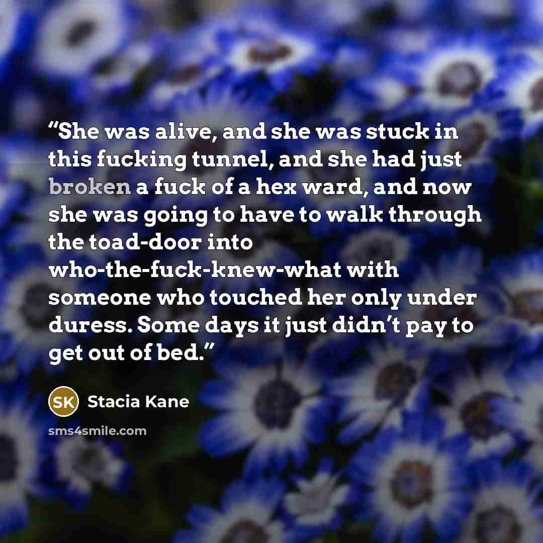“She was alive, and she was stuck in this fucking tunnel, and she had just broken a fuck of a hex ward, and now she was going to have to walk through the toad-door into who-the-fuck-knew-what with someone who touched her only under duress. Some days it just didn’t pay to get out of bed.” quote by Stacia Kane