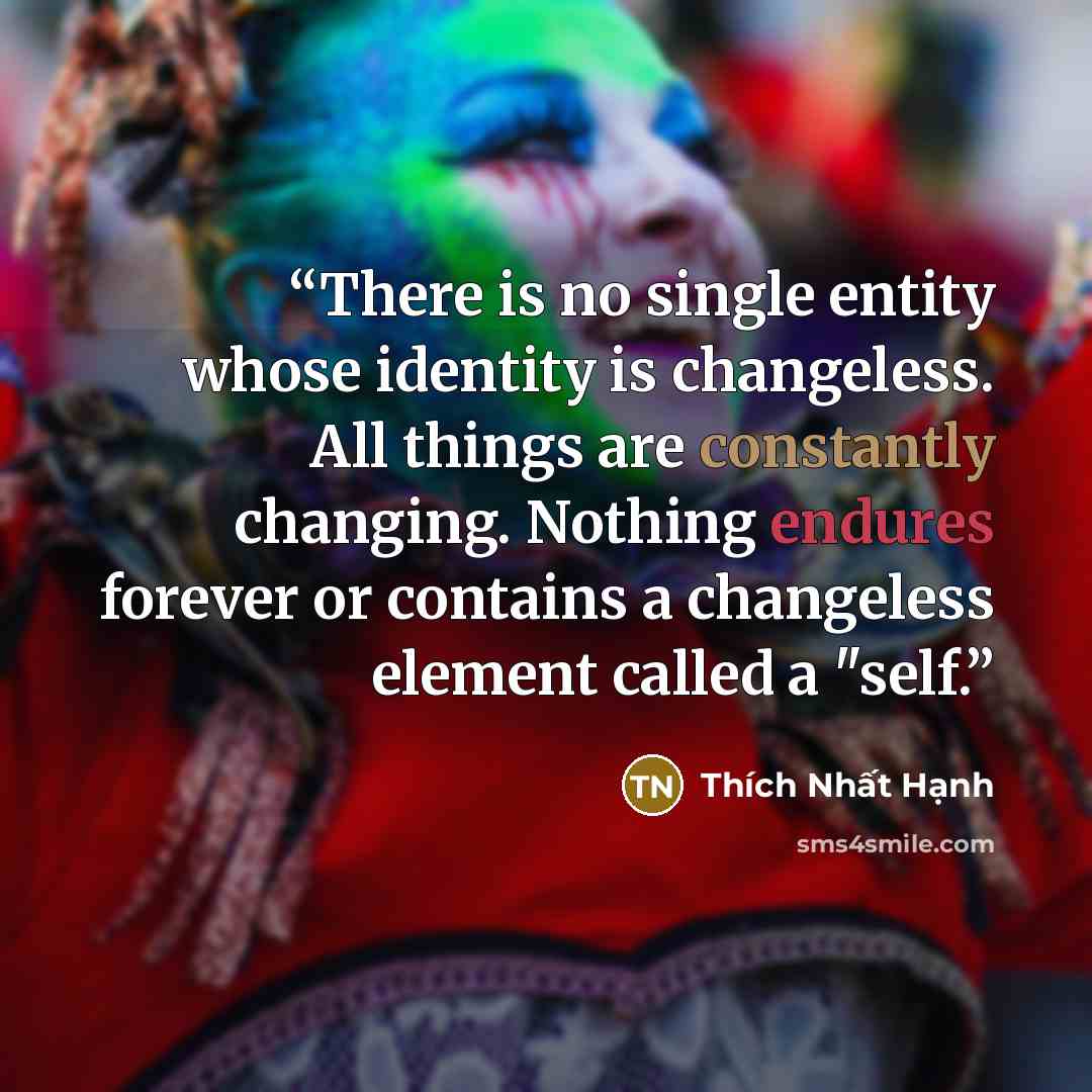 “There is no single entity whose identity is changeless. All things are constantly changing. Nothing endures forever or contains a changeless element called a "self.” quote by Thich Nhat Hanh