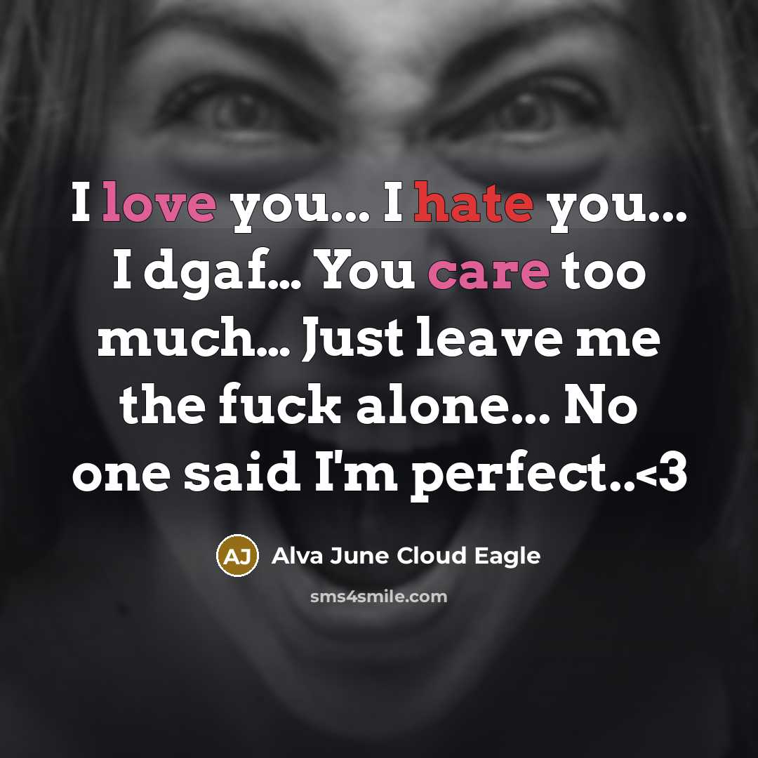 “I love you... I hate you... I dgaf… You care too much… Just leave me the fuck alone... No one said I'm perfect..” quote by Alva June Cloud Eagle