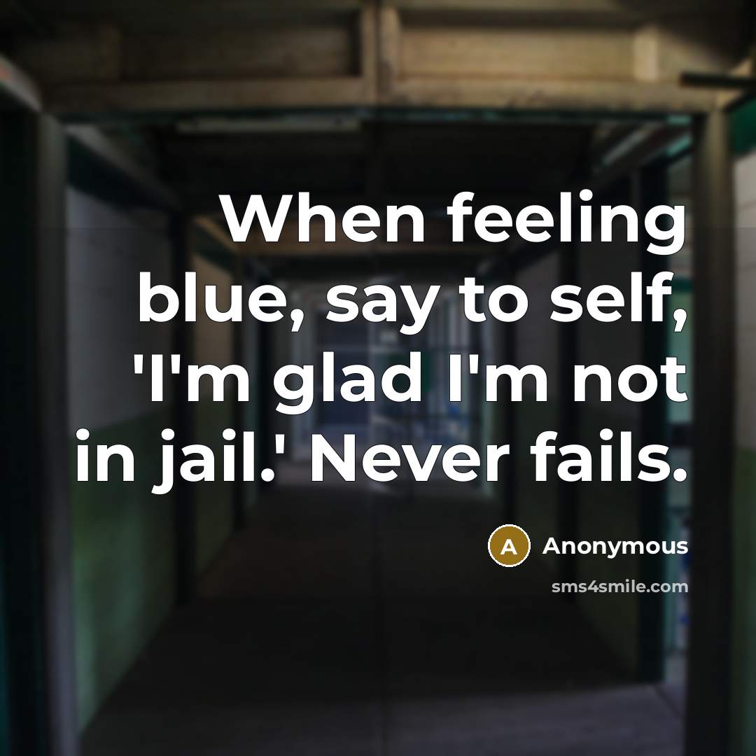 “When feeling blue, say to self, 'I'm glad I'm not in jail.' Never fails.” quote by Anonymous