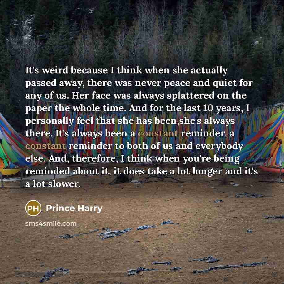 “It's weird because I think when she actually passed away, there was never peace and quiet for any of us. Her face was always splattered on the paper the whole time. And for the last 10 years, I personally feel that she has been,she's always there. It's always been a constant reminder, a constant…” quote by Prince Harry