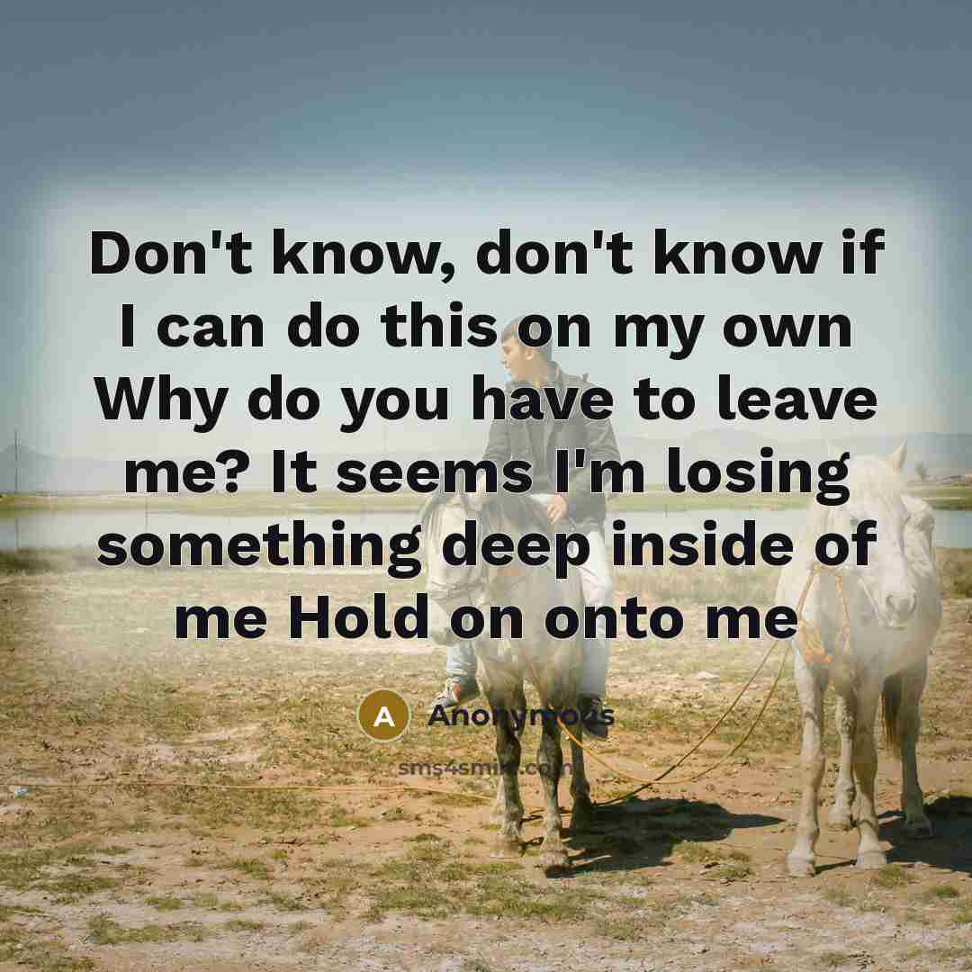 “Don't know, don't know if I can do this on my own Why do you have to leave me? It seems I'm losing something deep inside of me Hold on onto me” quote by Anonymous