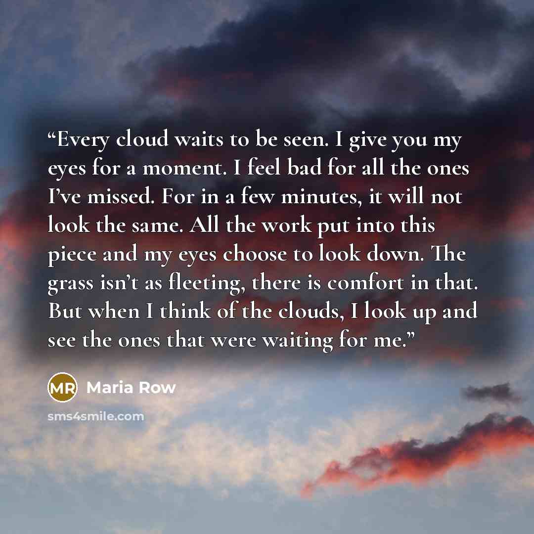 “Every cloud waits to be seen. I give you my eyes for a moment. I feel bad for all the ones I’ve missed. For in a few minutes, it will not look the same. All the work put into this piece and my eyes choose to look down. The grass isn’t as fleeting, there is comfort in that. But when I think of the…” quote by Maria Row
