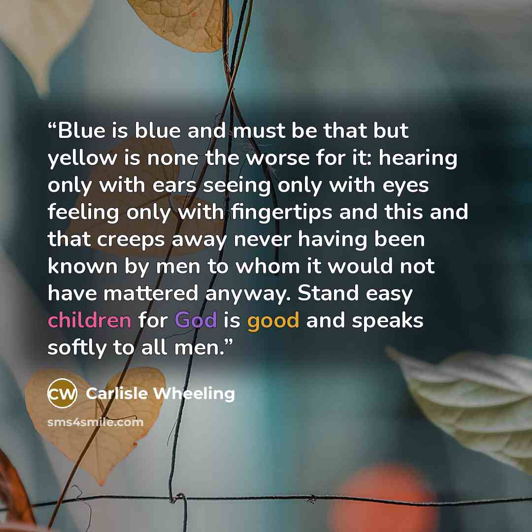 “Blue is blue and must be that but yellow is none the worse for it: hearing only with ears seeing only with eyes feeling only with fingertips and this and that creeps away never having been known by men to whom it would not have mattered anyway. Stand easy children for God is good and speaks softly…” quote by Carlisle Wheeling