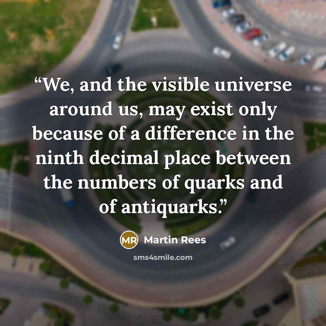 “We, and the visible universe around us, may exist only because of a difference in the ninth decimal place between the numbers of quarks and of antiquarks.” quote by Martin Rees