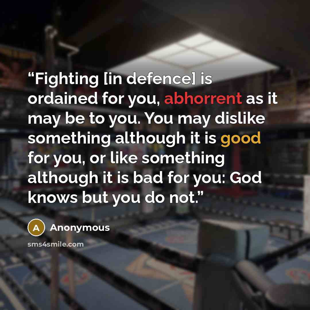 “Fighting [in defence] is ordained for you, abhorrent as it may be to you. You may dislike something although it is good for you, or like something although it is bad for you: God knows but you do not.” quote by Anonymous