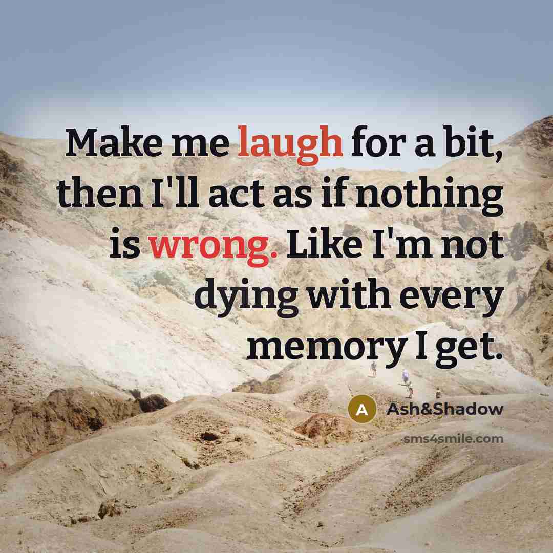 “Make me laugh for a bit, then I'll act as if nothing is wrong. Like I'm not dying with every memory I get.” quote by Ash&Shadow