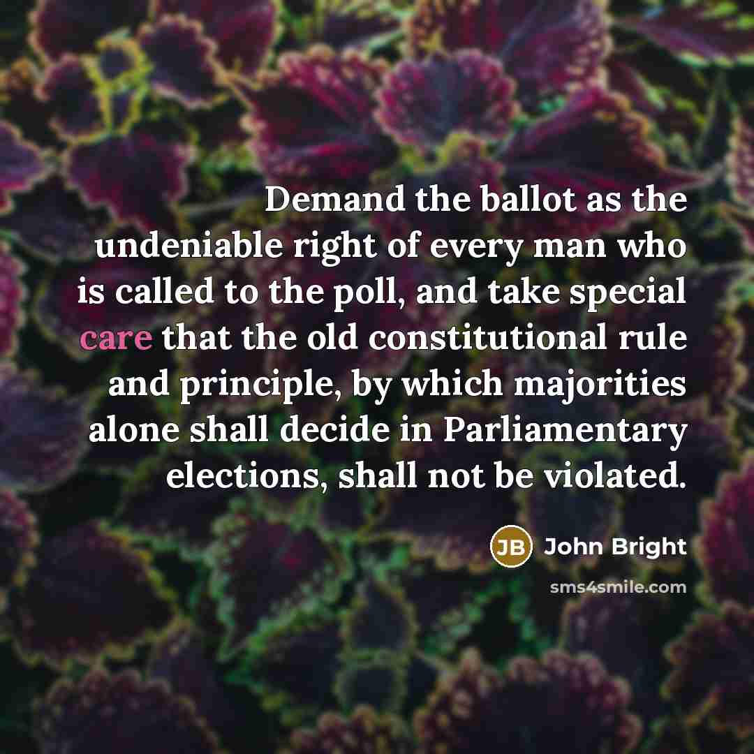“Demand the ballot as the undeniable right of every man who is called to the poll, and take special care that the old constitutional rule and principle, by which majorities alone shall decide in Parliamentary elections, shall not be violated.” quote by John Bright
