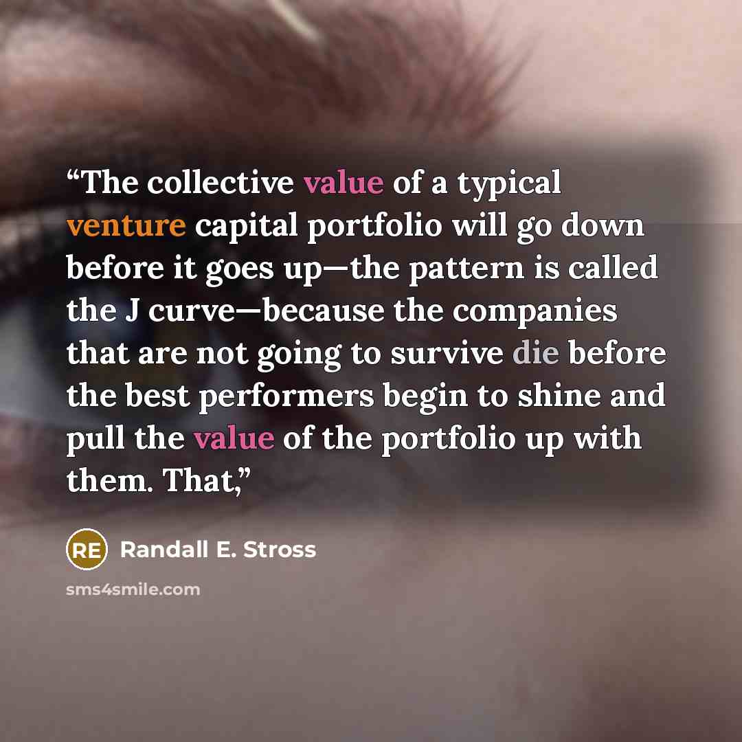 “The collective value of a typical venture capital portfolio will go down before it goes up—the pattern is called the J curve—because the companies that are not going to survive die before the best performers begin to shine and pull the value of the portfolio up with them. That,” quote by Randall E. Stross