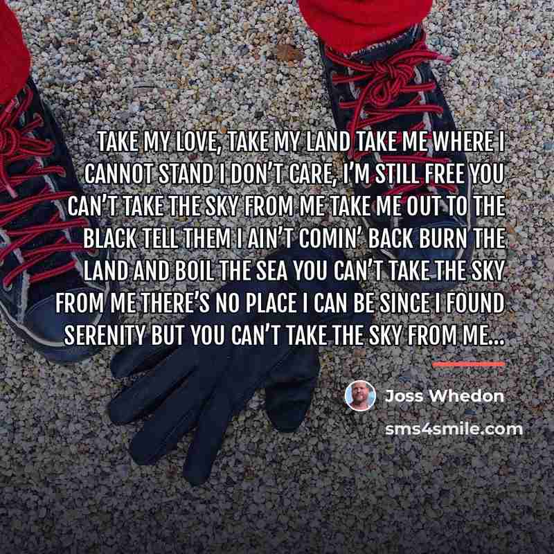 “Take my love, take my land Take me where I…” quote by Joss Whedon