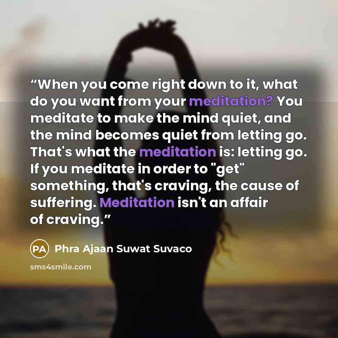 “When you come right down to it, what do you want from your meditation? You meditate to make the mind quiet, and the mind becomes quiet from letting go. That's what the meditation is: letting go. If you meditate in order to "get" something, that's craving, the cause of suffering. Meditation isn't…” quote by Phra Ajaan Suwat Suvaco