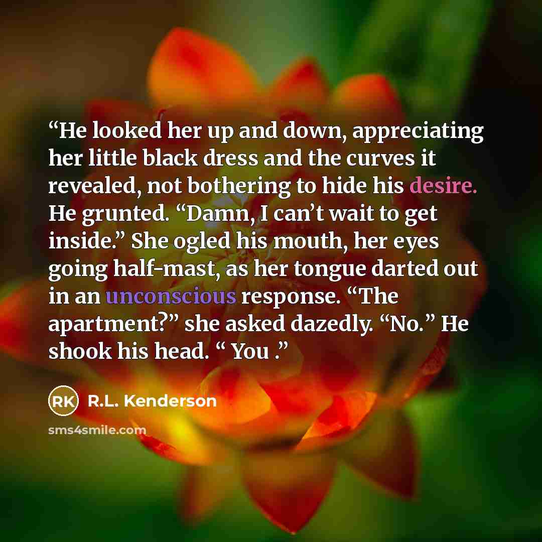 “He looked her up and down, appreciating her little black dress and the curves it revealed, not bothering to hide his desire. He grunted. “Damn, I can’t wait to get inside.” She ogled his mouth, her eyes going half-mast, as her tongue darted out in an unconscious response. “The apartment?” she…” quote by R.L. Kenderson