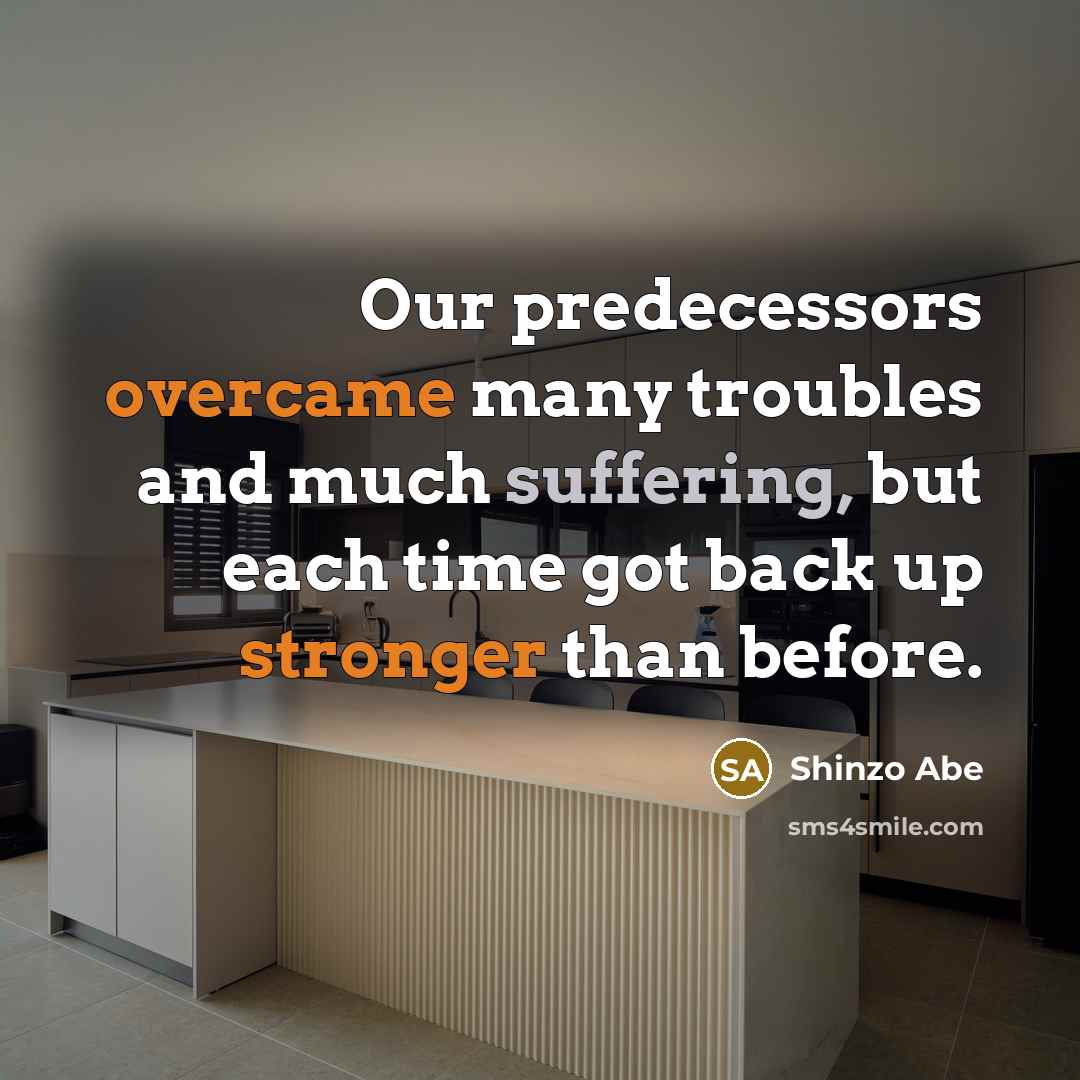 “Our predecessors overcame many troubles and much suffering, but each time got back up stronger than before.” quote by Shinzo Abe