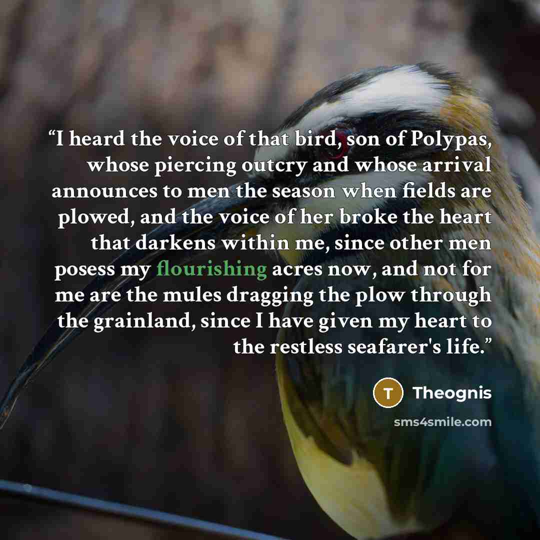 “I heard the voice of that bird, son of Polypas, whose piercing outcry and whose arrival announces to men the season when fields are plowed, and the voice of her broke the heart that darkens within me, since other men posess my flourishing acres now, and not for me are the mules dragging the plow…” quote by Theognis