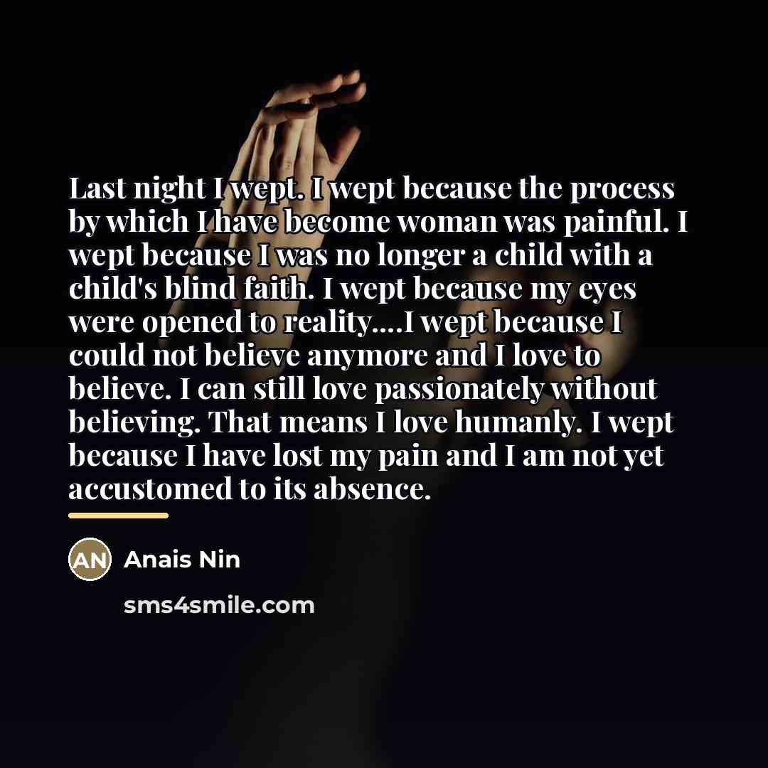 “Last night I wept. I wept because the process by…” quote by Anais Nin