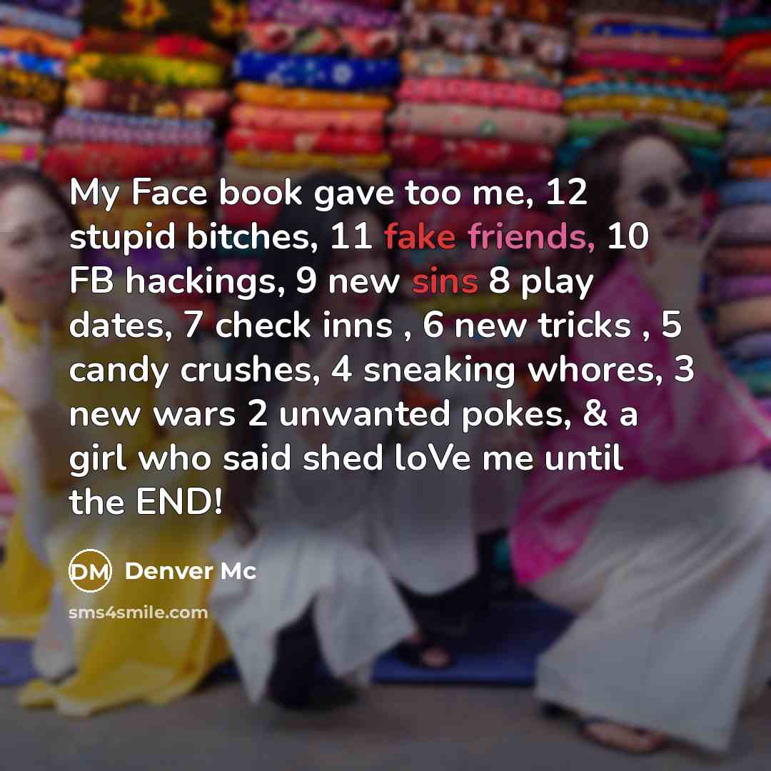 “My Face book gave too me, 12 stupid bitches, 11 fake friends, 10 FB hackings, 9 new sins 8 play dates, 7 check inns , 6 new tricks , 5 candy crushes, 4 sneaking whores, 3 new wars 2 unwanted pokes, & a girl who said shed loVe me until the END!” quote by Denver Mc