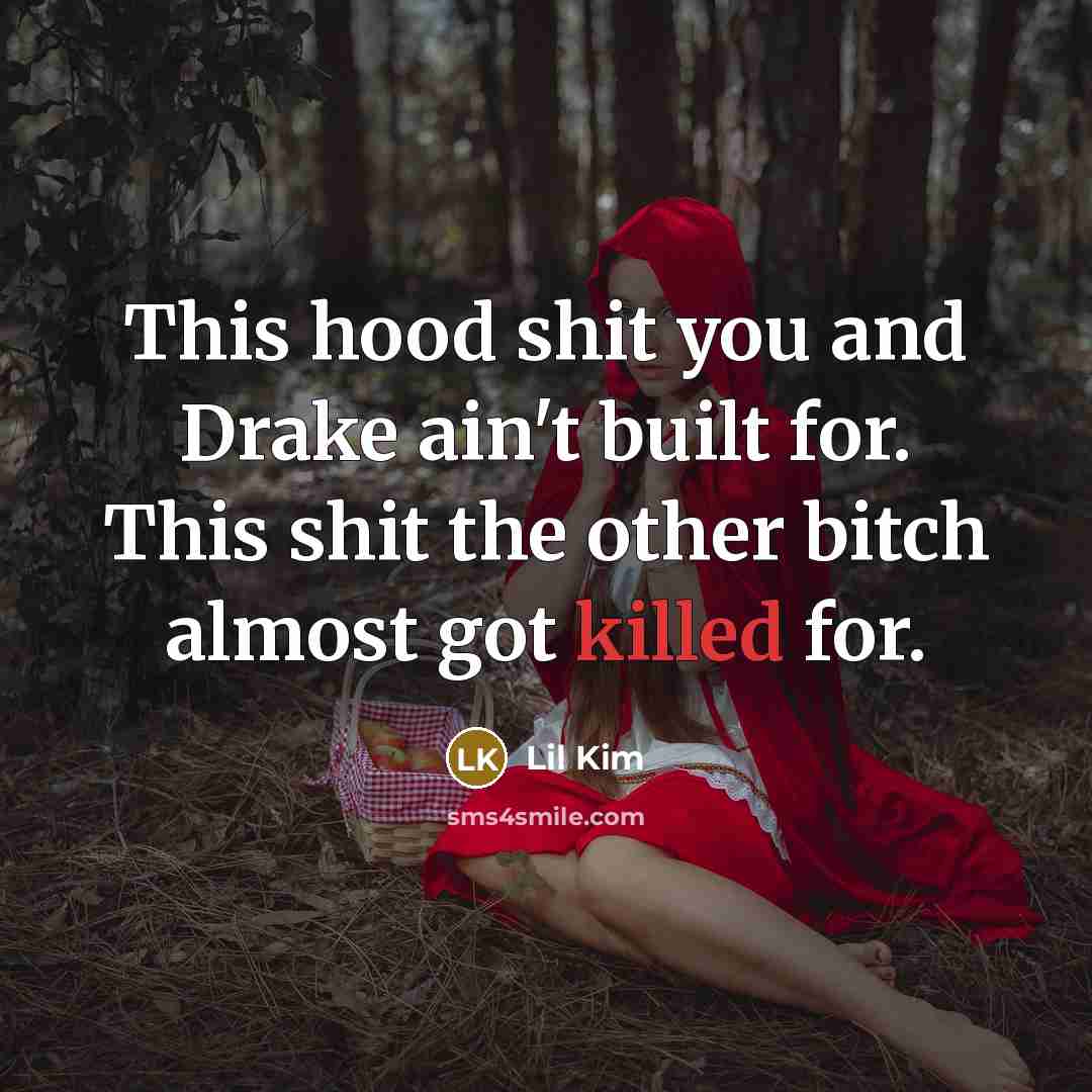 “This hood shit you and Drake ain't built for. This shit the other bitch almost got killed for.” quote by Lil Kim