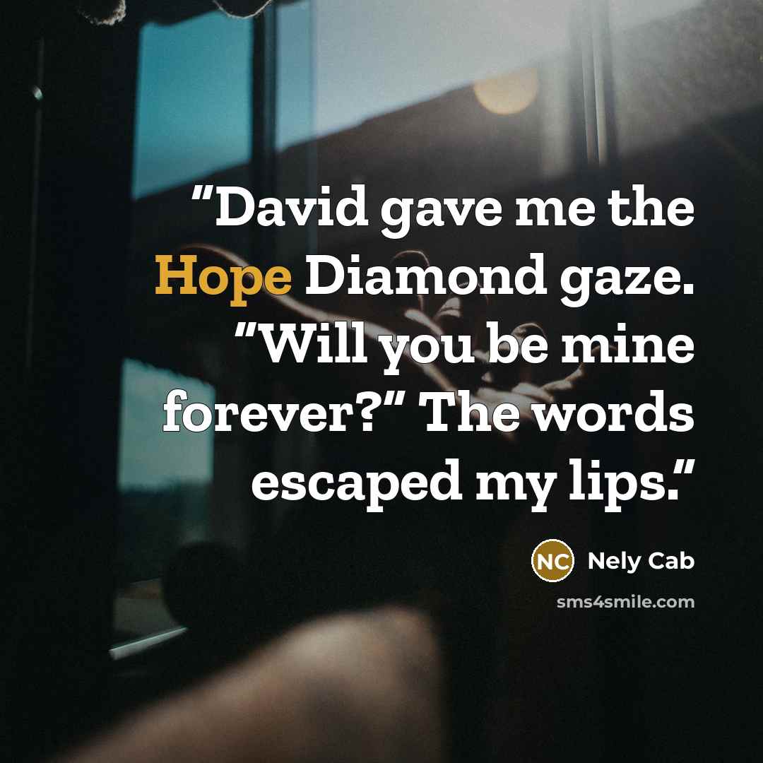 “David gave me the Hope Diamond gaze. “Will you be mine forever?” The words escaped my lips.” quote by Nely Cab