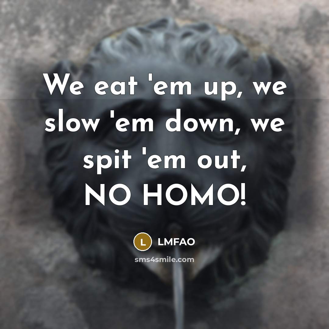 “We eat 'em up, we slow 'em down, we spit 'em out, NO HOMO!” quote by LMFAO