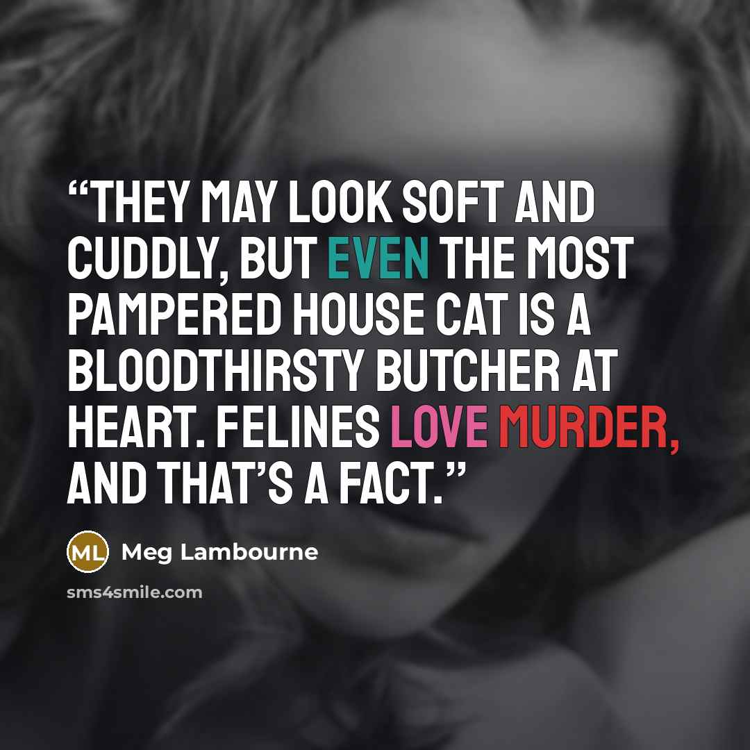 “They may look soft and cuddly, but even the most pampered house cat is a bloodthirsty butcher at heart. Felines love murder, and that’s a fact.” quote by Meg Lambourne