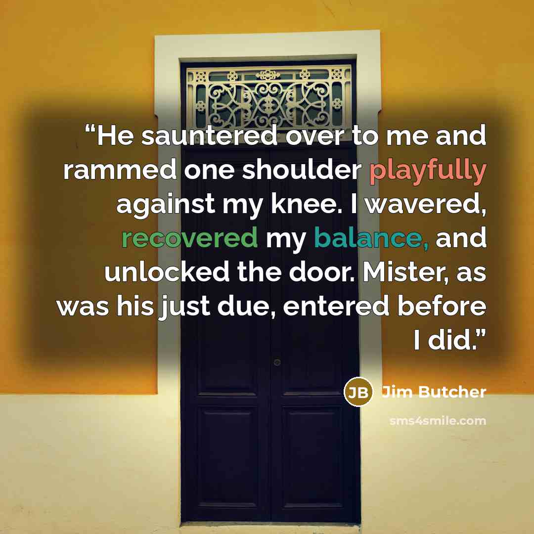 “He sauntered over to me and rammed one shoulder playfully against my knee. I wavered, recovered my balance, and unlocked the door. Mister, as was his just due, entered before I did.” quote by Jim Butcher