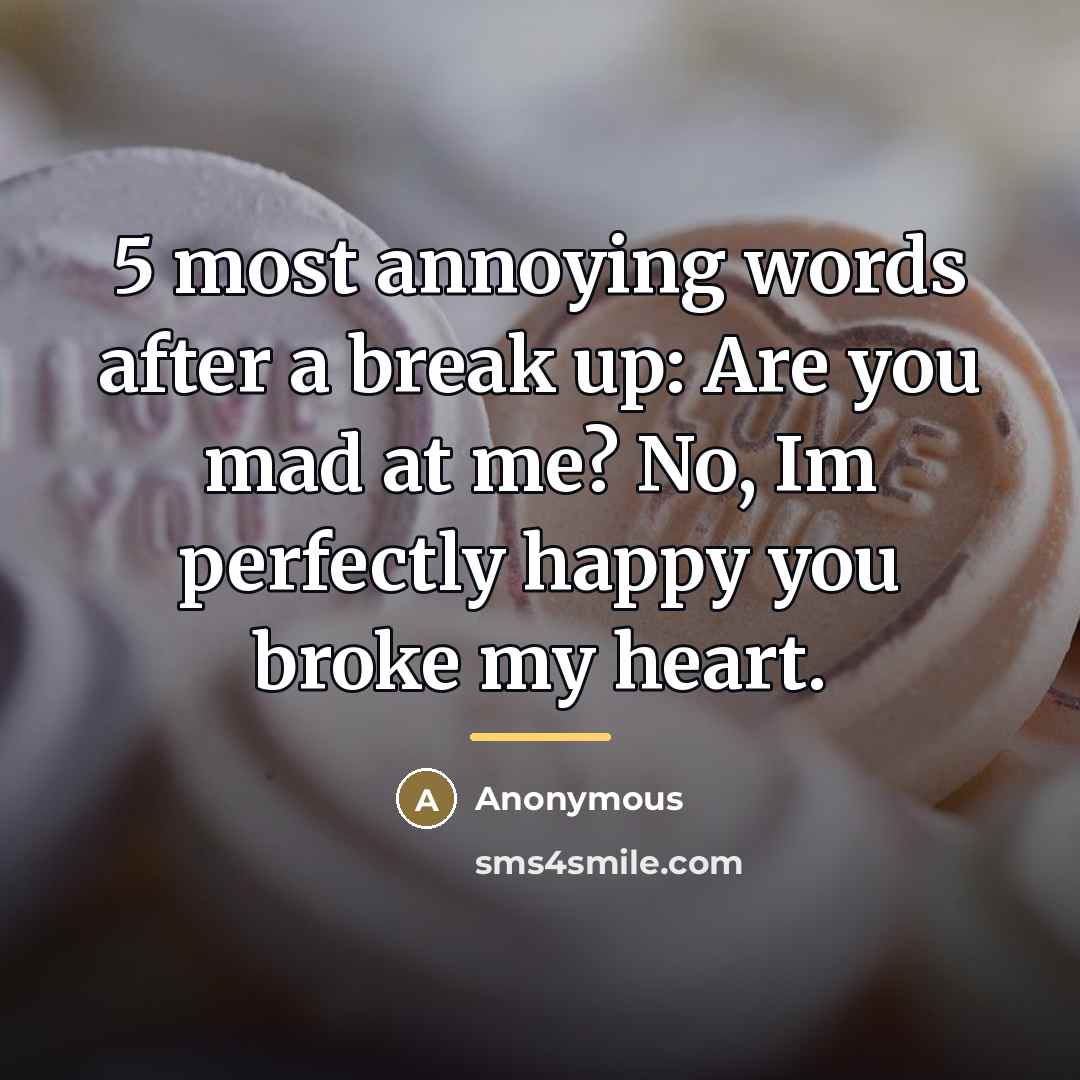 “5 most annoying words after a break up: Are you…” quote by Anonymous