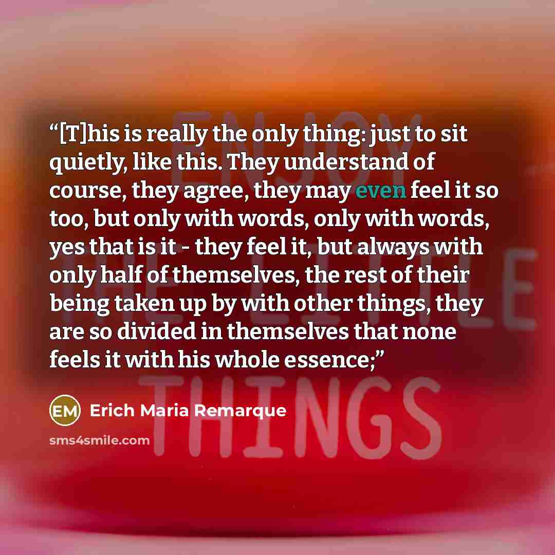 “[T]his is really the only thing: just to sit quietly, like this. They understand of course, they agree, they may even feel it so too, but only with words, only with words, yes that is it - they feel it, but always with only half of themselves, the rest of their being taken up by with other things…” quote by Erich Maria Remarque