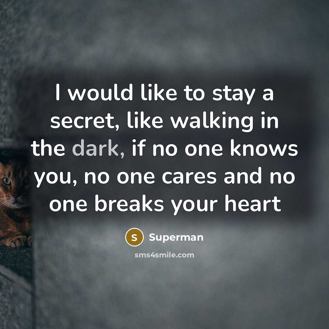 “I would like to stay a secret, like walking in the dark, if no one knows you, no one cares and no one breaks your heart” quote by Superman