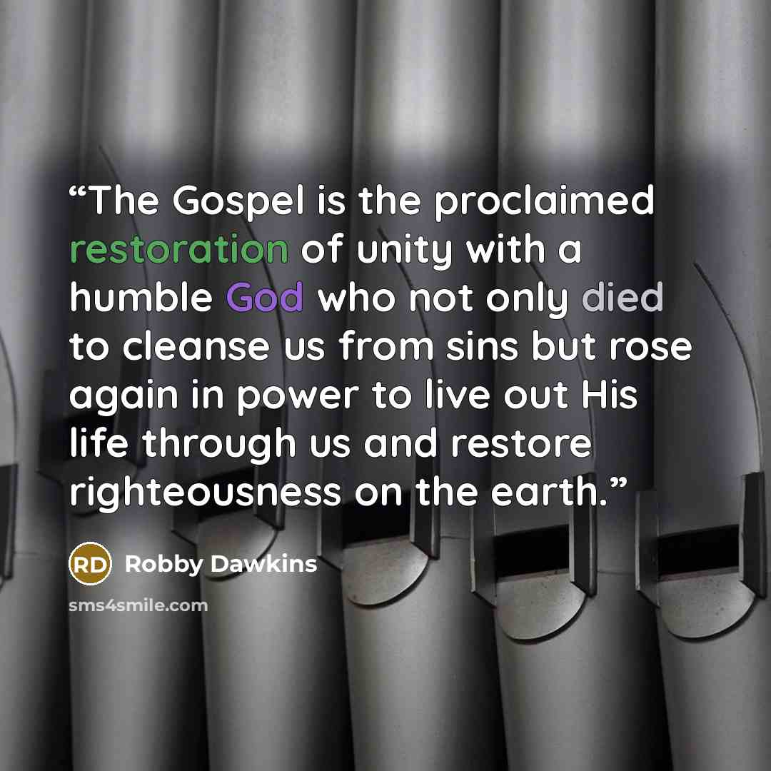 “The Gospel is the proclaimed restoration of unity with a humble God who not only died to cleanse us from sins but rose again in power to live out His life through us and restore righteousness on the earth.” quote by Robby Dawkins