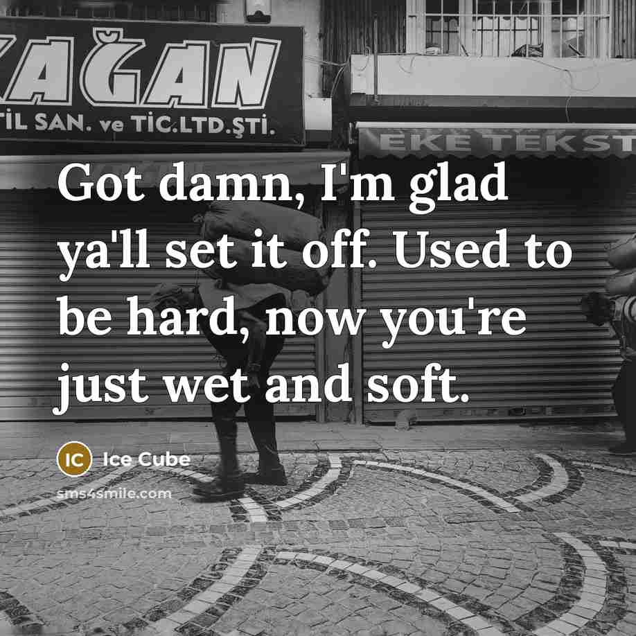 “Got damn, I'm glad ya'll set it off. Used to be hard, now you're just wet and soft.” quote by Ice Cube