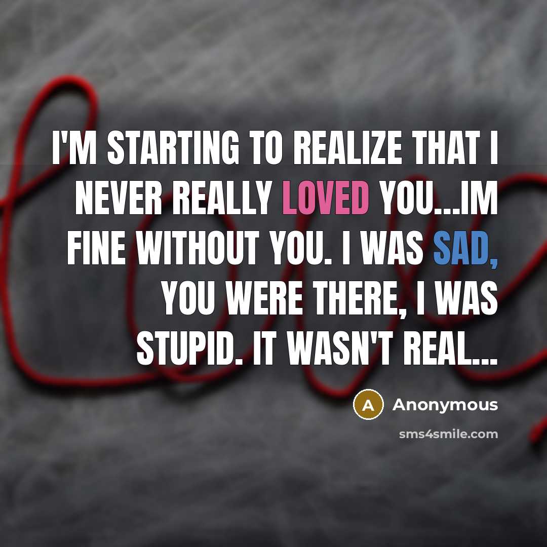 “I'm starting to realize that I never really loved you...Im fine without you. I was sad, you were there, I was stupid. It wasn't real...” quote by Anonymous