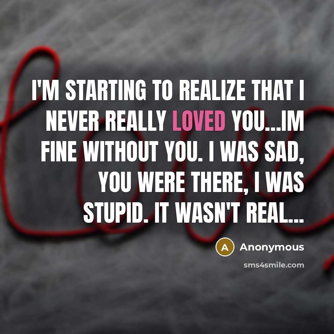 “I'm starting to realize that I never really loved you...Im fine without you. I was sad, you were there, I was stupid. It wasn't real...” quote by Anonymous