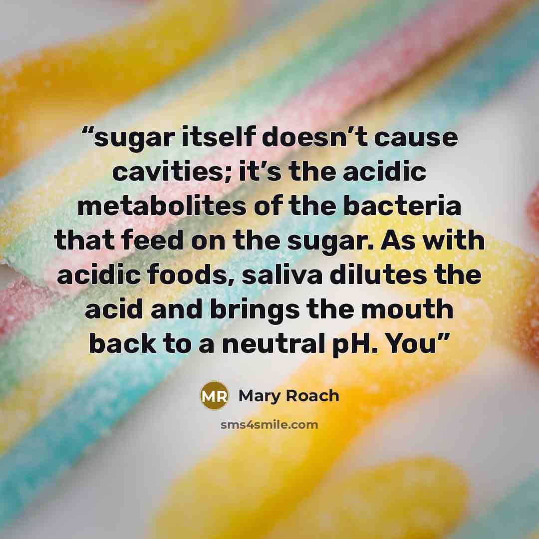 “sugar itself doesn’t cause cavities; it’s the acidic metabolites of the bacteria that feed on the sugar. As with acidic foods, saliva dilutes the acid and brings the mouth back to a neutral pH. You” quote by Mary Roach