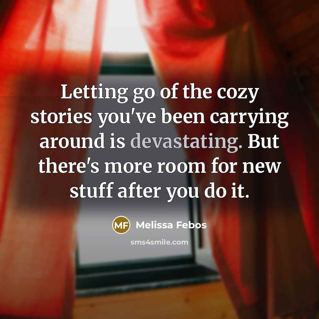 “Letting go of the cozy stories you've been carrying around is devastating. But there's more room for new stuff after you do it.” quote by Melissa Febos