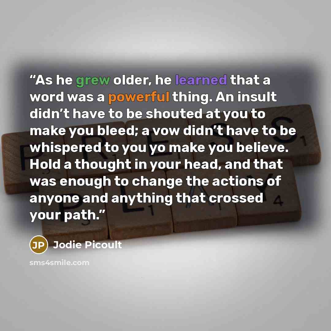 “As he grew older, he learned that a word was a powerful thing. An insult didn’t have to be shouted at you to make you bleed; a vow didn’t have to be whispered to you yo make you believe. Hold a thought in your head, and that was enough to change the actions of anyone and anything that crossed your…” quote by Jodie Picoult
