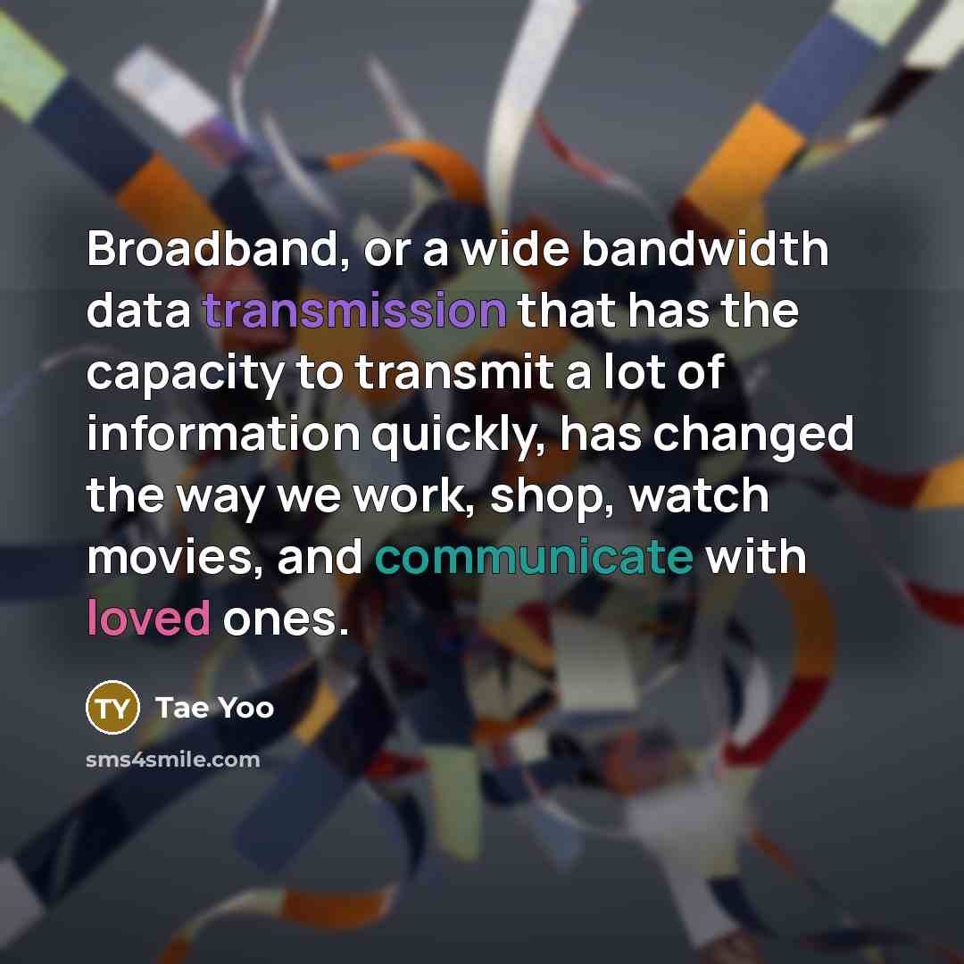 “Broadband, or a wide bandwidth data transmission that has the capacity to transmit a lot of information quickly, has changed the way we work, shop, watch movies, and communicate with loved ones.” quote by Tae Yoo