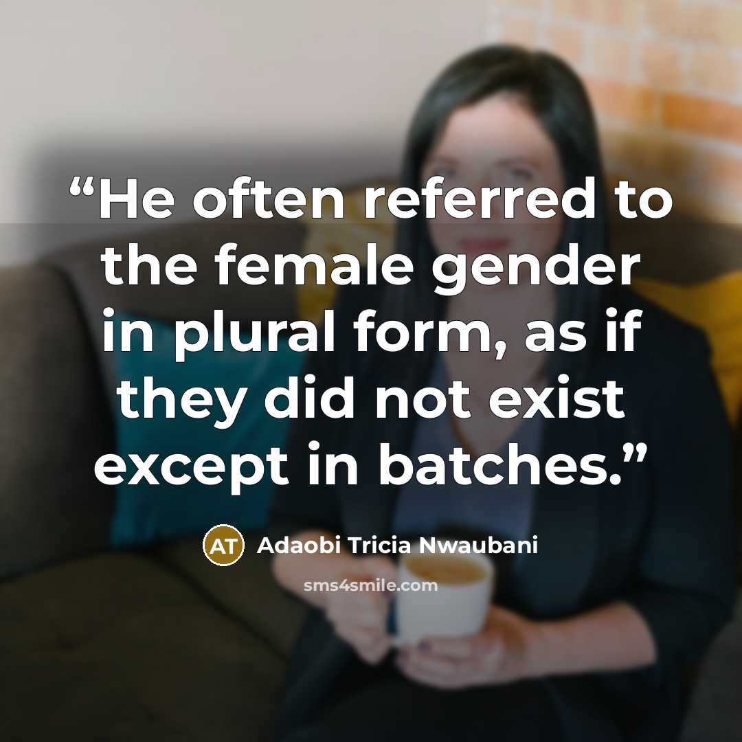 “He often referred to the female gender in plural form, as if they did not exist except in batches.” quote by Adaobi Tricia Nwaubani