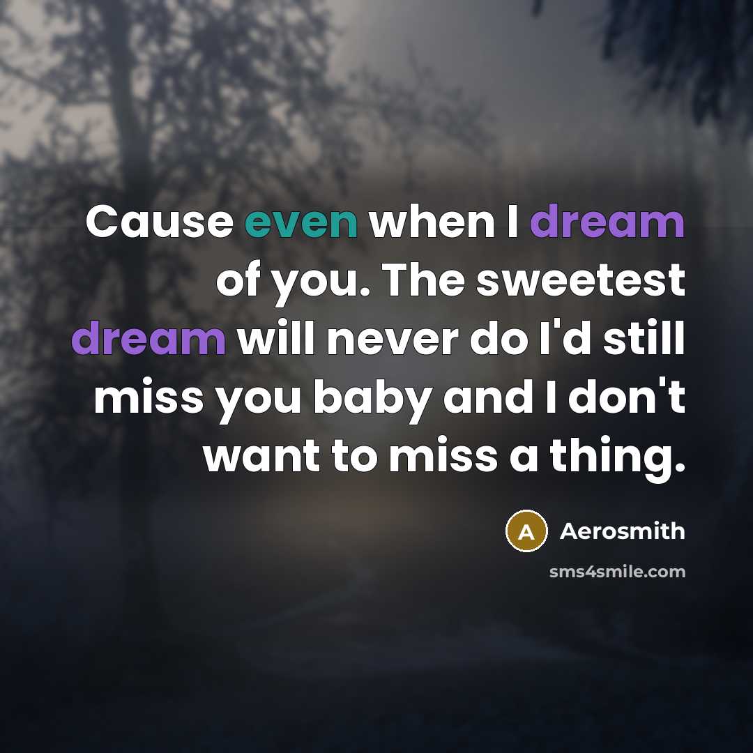 “Cause even when I dream of you. The sweetest dream will never do I'd still miss you baby and I don't want to miss a thing.” quote by Aerosmith