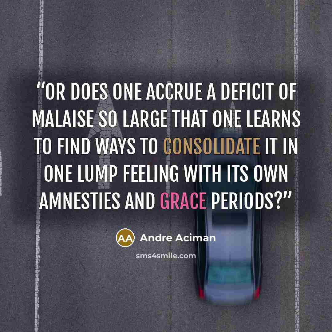 “Or does one accrue a deficit of malaise so large that one learns to find ways to consolidate it in one lump feeling with its own amnesties and grace periods?” quote by André Aciman