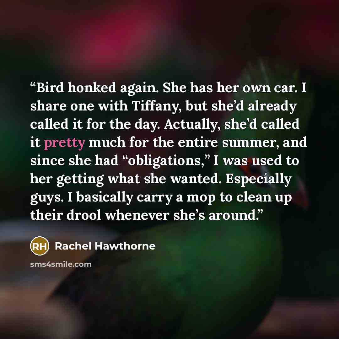 “Bird honked again. She has her own car. I share one with Tiffany, but she’d already called it for the day. Actually, she’d called it pretty much for the entire summer, and since she had “obligations,” I was used to her getting what she wanted. Especially guys. I basically carry a mop to clean up…” quote by Rachel Hawthorne