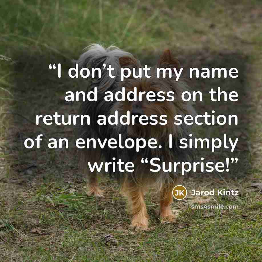 “I don’t put my name and address on the return address section of an envelope. I simply write “Surprise!” quote by Jarod Kintz